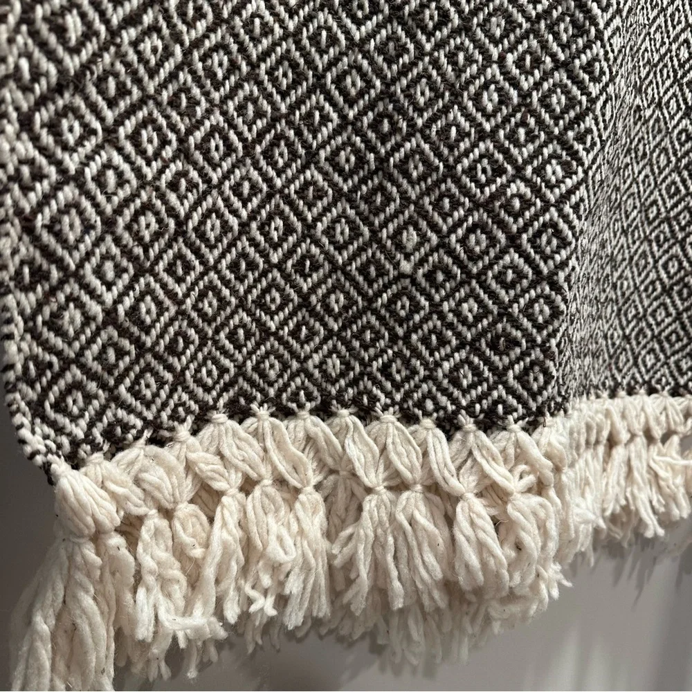 Mexican Rebozo Shawl in Brown on Cream –100% Raw Wool, Thick, Large Winter Wrap